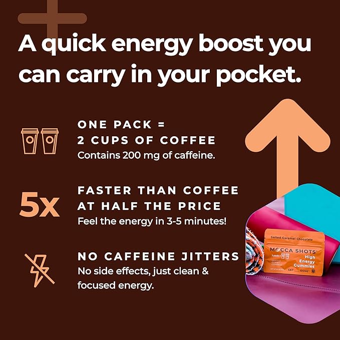 Caffeine Energy Chew 3-Pack, 200mg of Caffeine per Pack! Caffeine Boost, Coffee Energy Gummy, Mocca Shots High Energy Gummies, Vegan, Plant-Based, Gluten-Free (pack of 3)