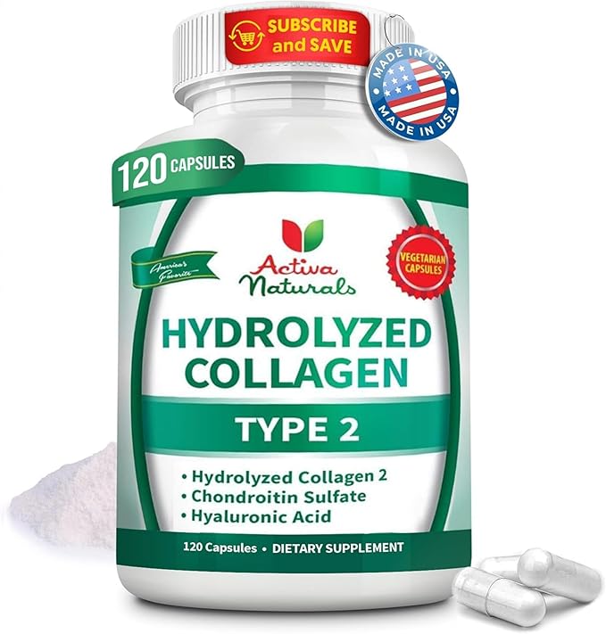 Collagen Type 2 Hydrolyzed Supplement with Chondroitin and Hyaluronic, for Healthy Hair, Skin, and Nails, No Fillers, Additives, and No Artificial Colors - 120 Vegetarian Capsules