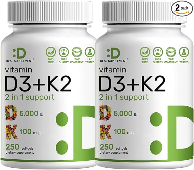 DEAL SUPPLEMENT 2 Pack Vitamin D3 5,000 IU + K2 MK7 Softgels, 500 Count | 2-in-1 Complex | Supports Heart, Bone, Teeth & Immune Health | Easy to Swallow