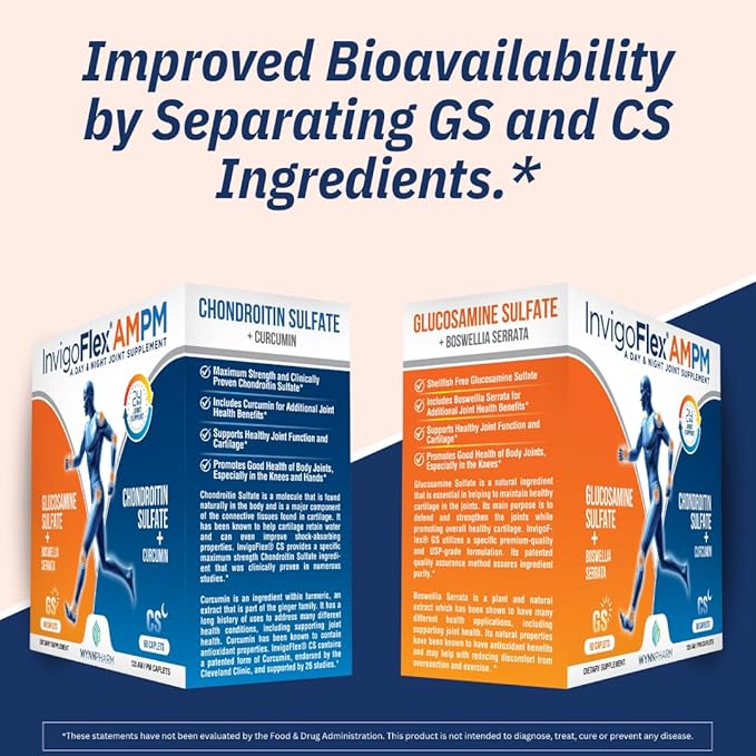 INVIGOFLEX® AMPM - Glucosamine & Chondroitin Sulfate - Turmeric Curcumin - Boswellia Serrata (Non GMO) for Knees, Hands, Back and Hip 24 - Hour Premium Joint Supplement