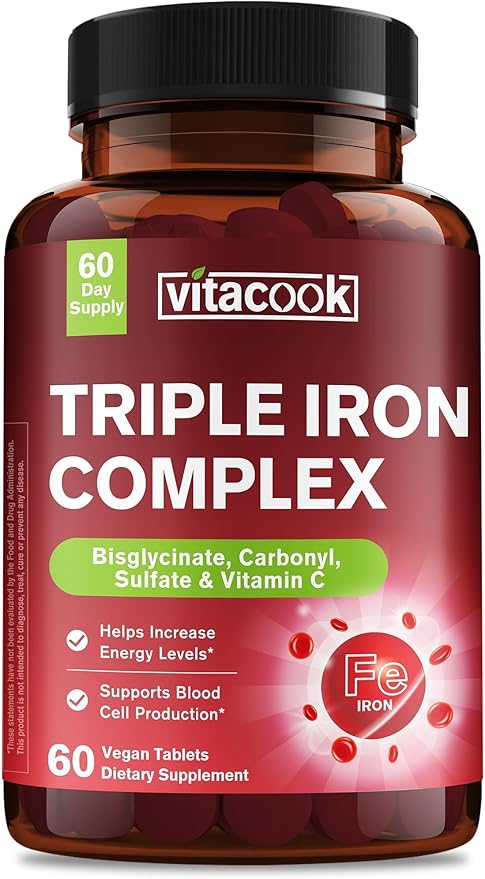 Iron Supplement for Women & Men, 3-in-1 65mg Iron Pills, Bisglycinate, Sulfate, Carbonyl Iron with Vitamin C, Enhanced Absorption, Energy, Red Blood Cell Support, Gentle, 60 Tablets
