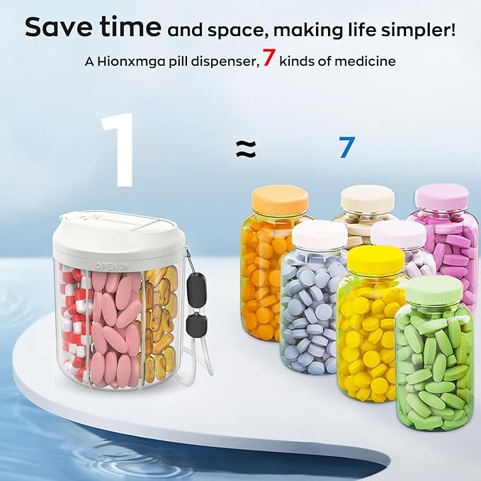 Hionxmga Pill Dispenser with 7 Large Compartments, Pill Organizer for Travel, Supplement Organizer with Anti-Mixing Design, BPA-Free Pill Container with 20 Pcs Labels, Beige