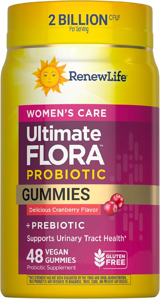 Renew Life Women's Care Cherry Prebiotic and Probiotic Gummies, Digestive, Urinary Tract and Immune Health, B. Coagulans and B. Subtilis, Dairy, Soy and gluten-free, 2 Billion CFU 48 Count