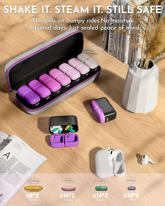 Weekly Pill Organizer 2 Times a Day, 7 Day Travel Medicine Pill Organizer with Moisture-Proof Silicone Lid, AM PM Daily Pill Box for Vitamins & Supplements, Aesthetics Pill Case(Purple)