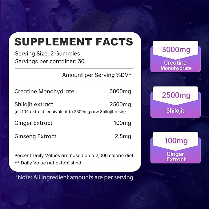 Creatine Gummies 3000mg with Shilajit | Juice-Burst Filled for Muscle Recovery, Strength & Energy Booster | Natural Testosterone & Cognitive Support for Men & Women | 60 Count, Blueberry Flavor