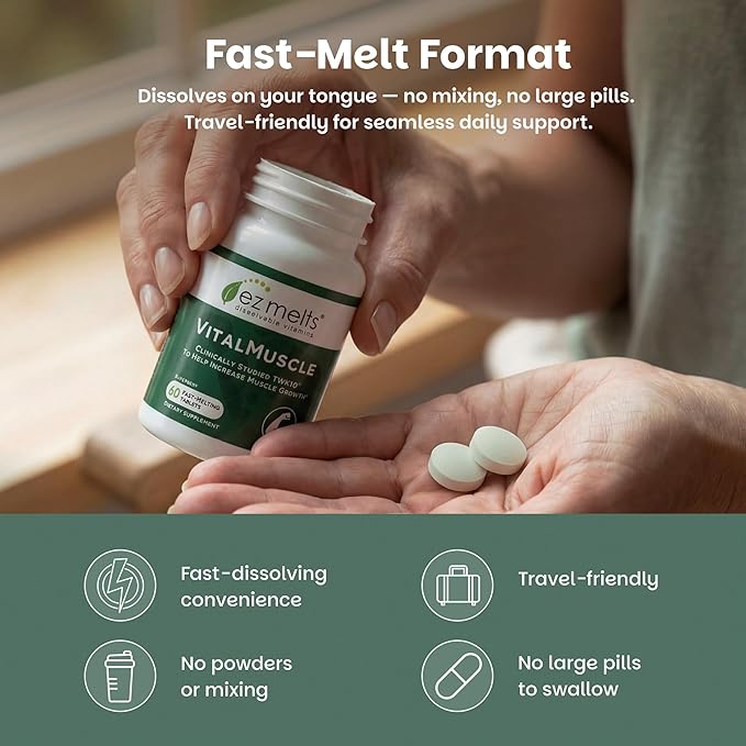 EZ Melts VitalMuscle Dissolvable Tablets - Supports Strength, Lean Growth, Recovery for Men & Women - Clinically Studied TWK10 Postbiotic - Gentle on the Stomach - Non-GMO & Vegan - 60 Tablets