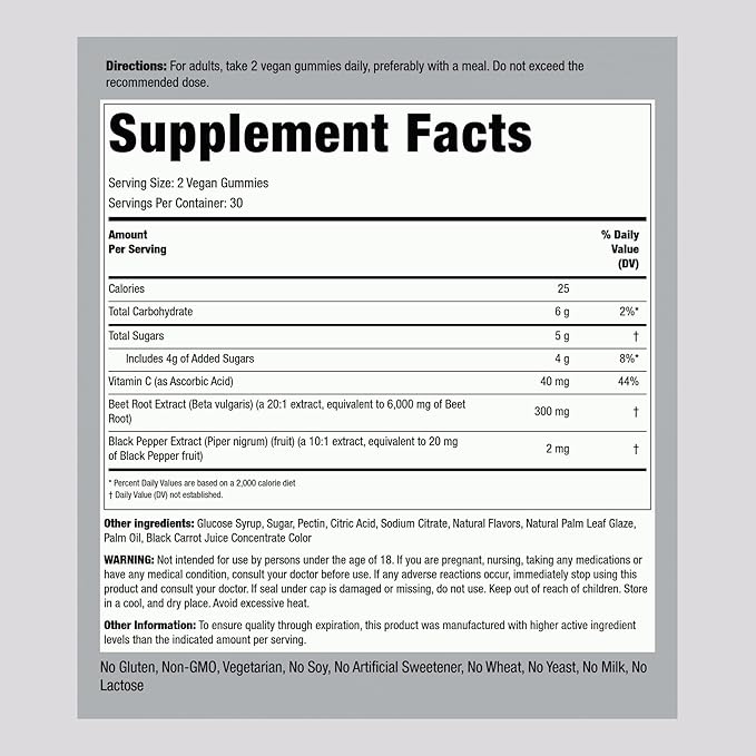 Piping Rock Beet Root Gummies | 60 Count | for Men and Women | Nitric Oxide Supplement | with Vitamin C and Black Pepper | Strawberry Flavor | Vegan, Non-GMO, Gluten Free