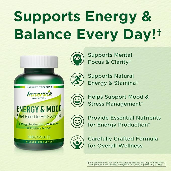 Energy & Mood Supplement – Boost Energy & Reduce Fatigue, Support Relaxation – 150 Capsules – Non-GMO, 3rd Party Tested – Innervis Nutrition