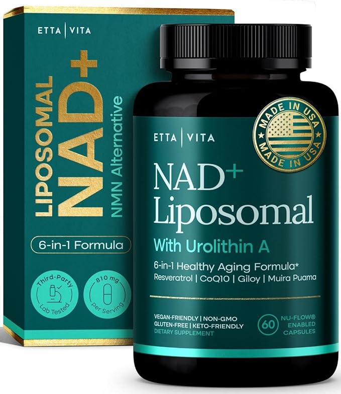 Liposomal NAD+ Supplement - Resveratrol, Urolithin A, CoQ10 & Muira Puama (Made in USA) NAD Supplement for Natural Energy, Brain Fog, Digestion, Detox, Gut Health, Microbiome, NR NMN Replacement