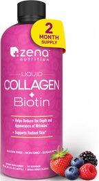 Zena Nutrition Liquid Collagen for Women & Men (Type 1 & 3) & 5000mcg Biotin, 2500mg Verisol Bioactive Collagen Peptides, Hair, Skin, Nail Supplement, Mixed Berry Colageno, 60 Servings, 20.3 fl oz