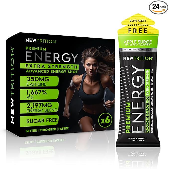NewTrition® Extra Strength Energy Shots, 1.7 fl oz - 250mg Caffeine with Vitamin B & Amino Acids, Sugar-Free, Zero Calorie Vitamin Energy Drink for Focus & Endurance (Pack of 6, Apple Surge)