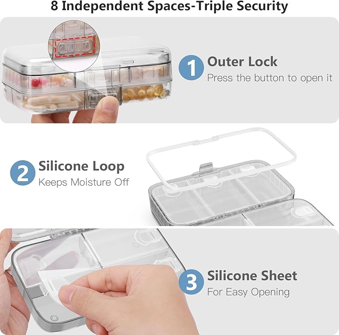 FYY Weekly Pill Organizer with Labels,8 Compartments Travel Daily Pill Case Airtight Moistureproof Large Pill Box to Hold Vitamins, Fish Oil, Supplements,Cotton Swab and Bandages-Grey