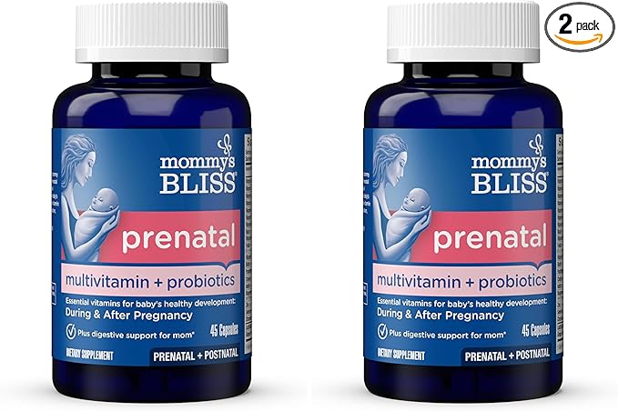 Mommy's Bliss Prenatal Multivitamin Probiotic for Women w/Folic Acid, Supports Baby Development & Digestion w/Zinc, Vitamin B6 & B12, Ginger & Choline, Vegan & Gluten Free (45 Servings) (Pack of 2)