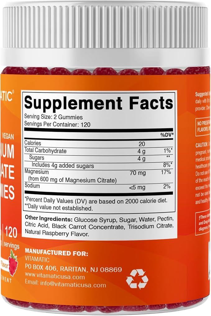 Vitamatic Magnesium Citrate Gummies 600mg per Serving - 240 Vegan Gummies - Natural Raspberry Flavor - High Absorption Magnesium Supplement - Supports Nerve, Bone and Muscle Health