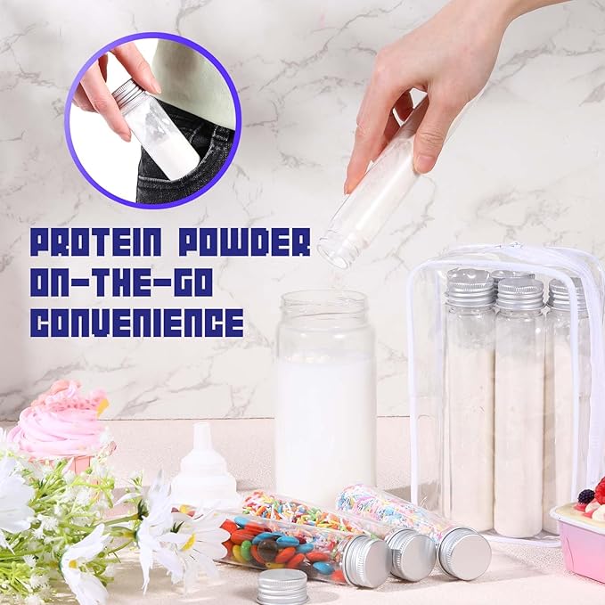 Shinylin 33 Pcs Protein Powder Travel Container Set 21 Pcs 50ml Reusable Powder Supplement Plastic Tubes and Portable Travel Organizer Zip up Bags Funnels Spoon and Labels for Workout Fitness