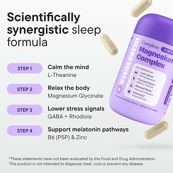Magnesium Glycinate Sleep Complex – Non-Habit Forming Support with L-Theanine, GABA, Zinc & Rhodiola – Promotes Relaxation, Calm & Muscle Recovery – Non-Melatonin – 100 Capsules