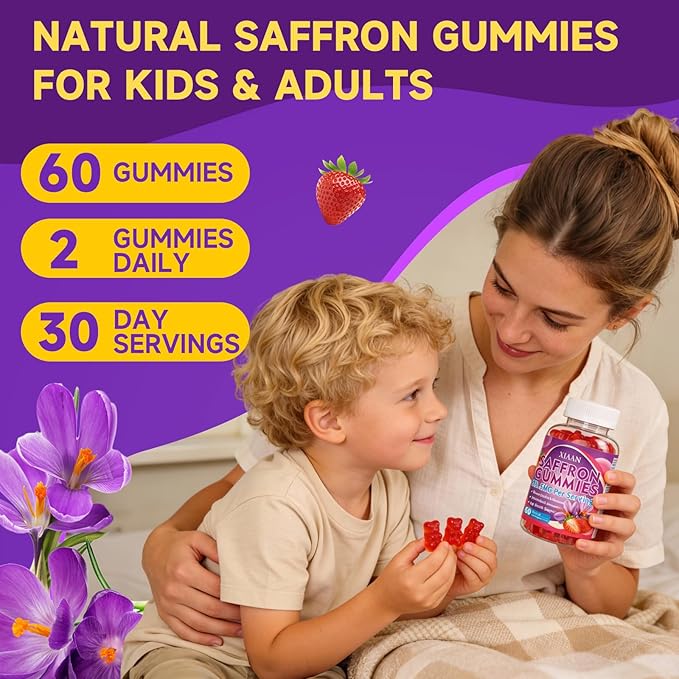 Saffron Supplements for Kids & Adults, 10 in 1 Saffron Gummies 88.5mg Saffron Extract with Ashwagandha, L-Theanine for Calm, Zzz, Antioxidant, Sugar-Free/Organic, Strawberry Flavor 60 Count