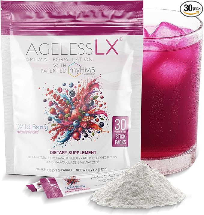 AgelessLX Powder Supplement for Women - with HMB Collagen Enhancer Plus Vitamin D3 with K2, Horsetail and Biotin for Lean Muscle and Stronger Hair and Nails - 30 Powder Packets, Wild Berry