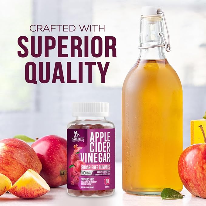 Apple Cider Vinegar Gummies 1000mg per Serving - Sugar Free Max Strength ACV Gummy Vitamins Supplement, Advanced Formula, Vitamin B12 Supports Metabolism & Energy, Keto Friendly, Vegan, 60 Gummies