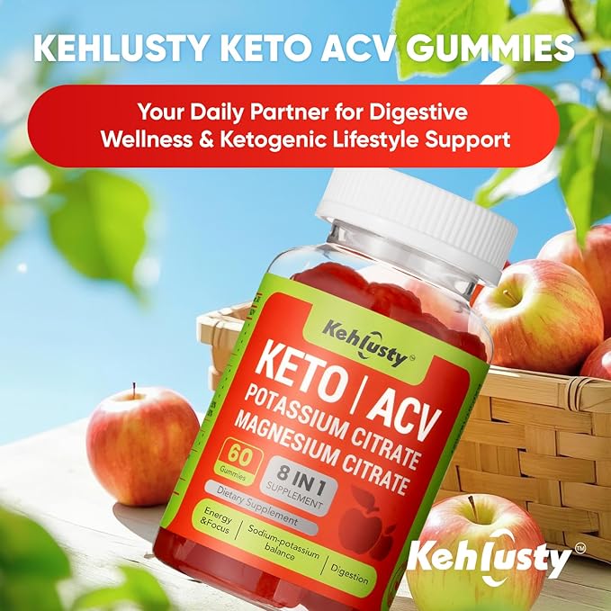 Keto ACV Gummies, 8-in-1 500mg Apple Cider Vinegar Supplement with Vitamin B12, Potassium & Magnesium Citrate, Beet Root & Pomegranate, Supports Healthy Digestion & Energy, 60 Gummies