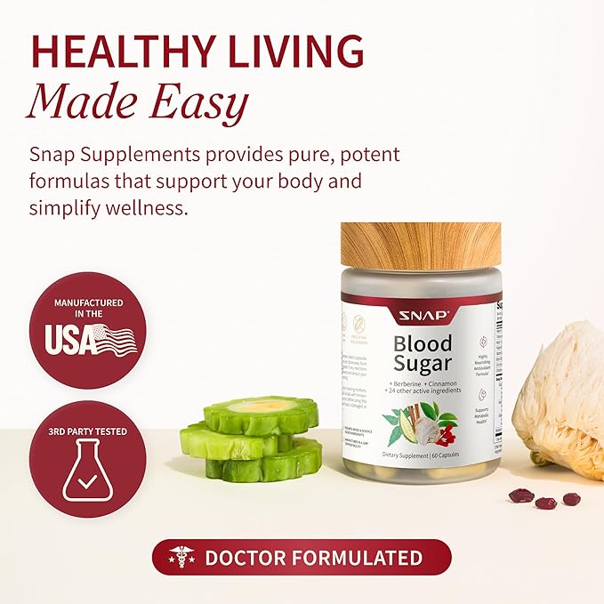 Snap Supplements Blood Sugar Blend with Berberine, CoQ10, Cinnamon, and Gymnema to Support Already Healthy Blood Sugar, Metabolic Health and Energy, Sugar Free, 60 Capsules (Packaging May Vary)