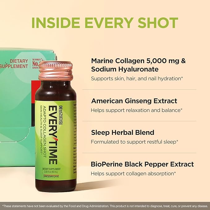 JUNG KWAN JANG Everytime Adapto Collagen Shot - Skin and Immune Support - Liquid Adaptogen Drink with Marine Collagen, Korean Red Ginseng & Vitamin C - No Gluten, No Caffeine (10 Bottles, 2.03 fl oz)