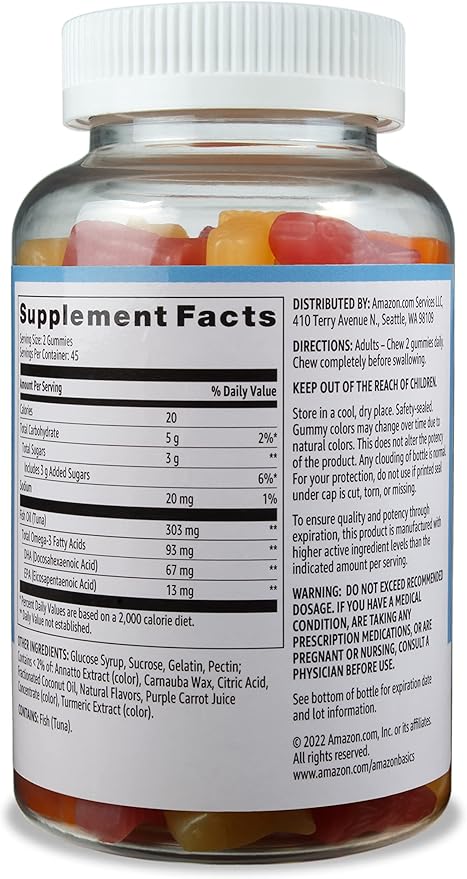 Amazon Basics Fish Oil 303 mg, Soft Chew Gummies, Lemon, Orange & Strawberry-Banana Flavors, 90 Count, EPA and DHA Omega-3 Fatty Acids (Previously Solimo)