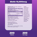 Natrol Biotin 10000mcg, Supplement for Healthy Hair, Skin and Nails for Those Low in Biotin, Plus Energy Metabolism Support, 200 Tablets, Up to a 200 Day Supply,(Pack of 2)