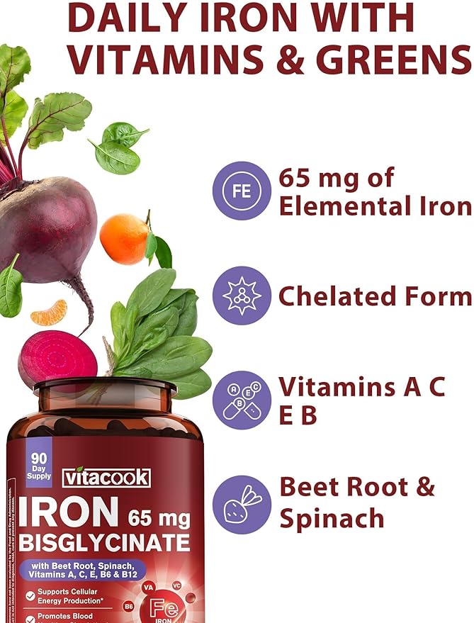 Iron Supplement for Women & Men, 65mg Ferrous Bisglycinate Chelate, Slow Release Iron with Vitamins A C E B6, B12, Folate, Organic Spinach & Beet Root Powder, for Blood Flow & Energy Support, 90 Caps