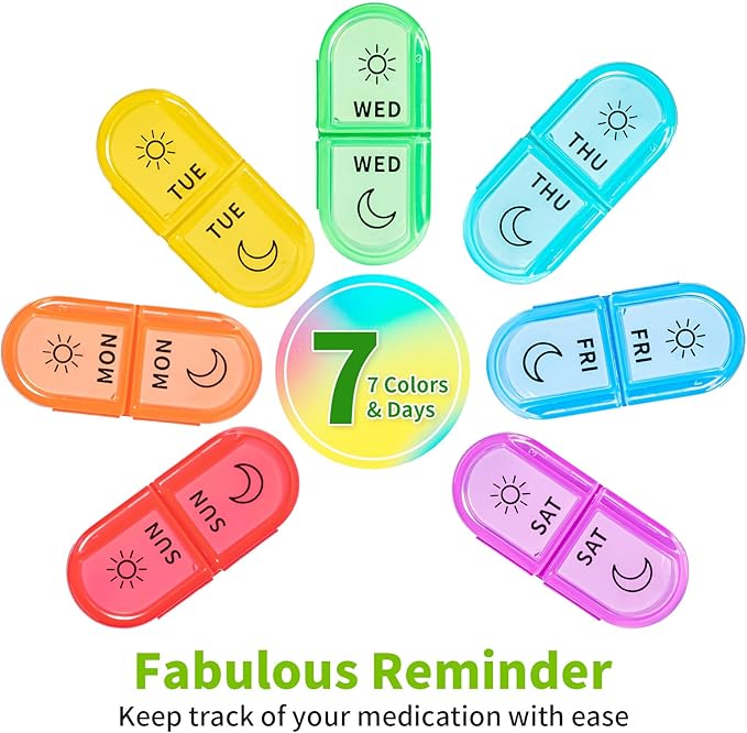 Betife AM PM Pill Organizer 7 Day, Weekly Pill Organizer 2 Times a Day, Daily Pill Box AM PM, Portable Travel Medicine Case, Day and Night Pill Container for Medication, Vitamin or Supplement（Black）