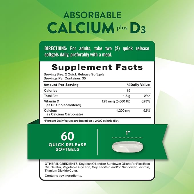 Nature's Truth Calcium 1200mg with Vitamin D3 5000 IU | 60 Softgels | from Calcium Carbonate | Non-GMO & Gluten Free Supplement