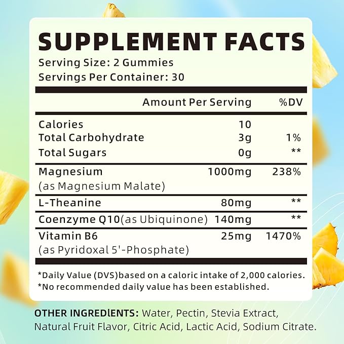 Magnesium Malate Gummies 1000mg, Chewable Magnesium Malate Supplements with CoQ10, L-Theanine & Vitamin B6 for Energy Boost & Muscle Health, Sugar-Free/Vegan, Pineapple Flavor 120 Count