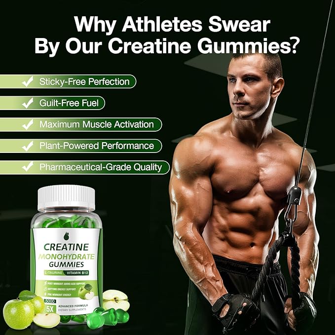 Creatine Gummies for Men & Women - Creatine Monohydrate Gummies 5g, Low Sugar Creatine Supplement for Muscle Builder, Energy Boost & Pre-Workout Supplement, Green Apple Flavor, 160 Gummies (2 Bottles)