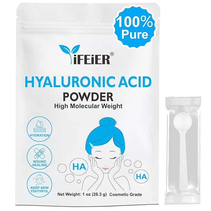 iFEiER Hyaluronic Acid Powder | High Molecular Weight Hyaluronic Acid Serum Powder | 1oz(28.3g) Cosmetics Grade | Sodium Hyaluronate | LMW HMW HA ingredient to make gel for DIY Serums