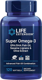Life Extension Super Omega-3 EPA/DHA Fish Oil, Sesame Lignans & Olive Extract – Cognitive Health, Cholesterol Health Support, Gluten-Free, Non-GMO, 120 Softgels