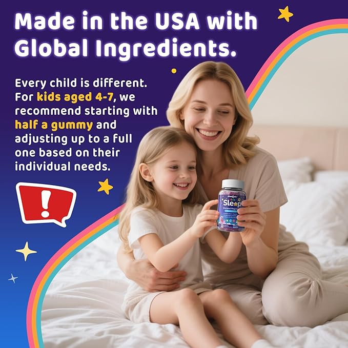 Kids Sleep Gummies, NO Melatonin Sleep Aid Gummies w/ Magnesium Glycinate, Magnesium Malate, L-Theanine, Lavender, B6, Zinc, D3K2 for Restful Sleep, Relax Brain & Muscle, Immune Support, Non-GMO 1Pack