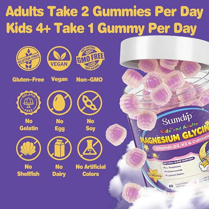 Magnesium Glycinate Gummies 400mg for Kids and Adults - Liposomal Magnesium Supplement with D3, K2 and Calcium for Sleep, Calm and Bones, Melatonin-Free, Sugar-Free, Strawberry Flavor, 60 Gummies