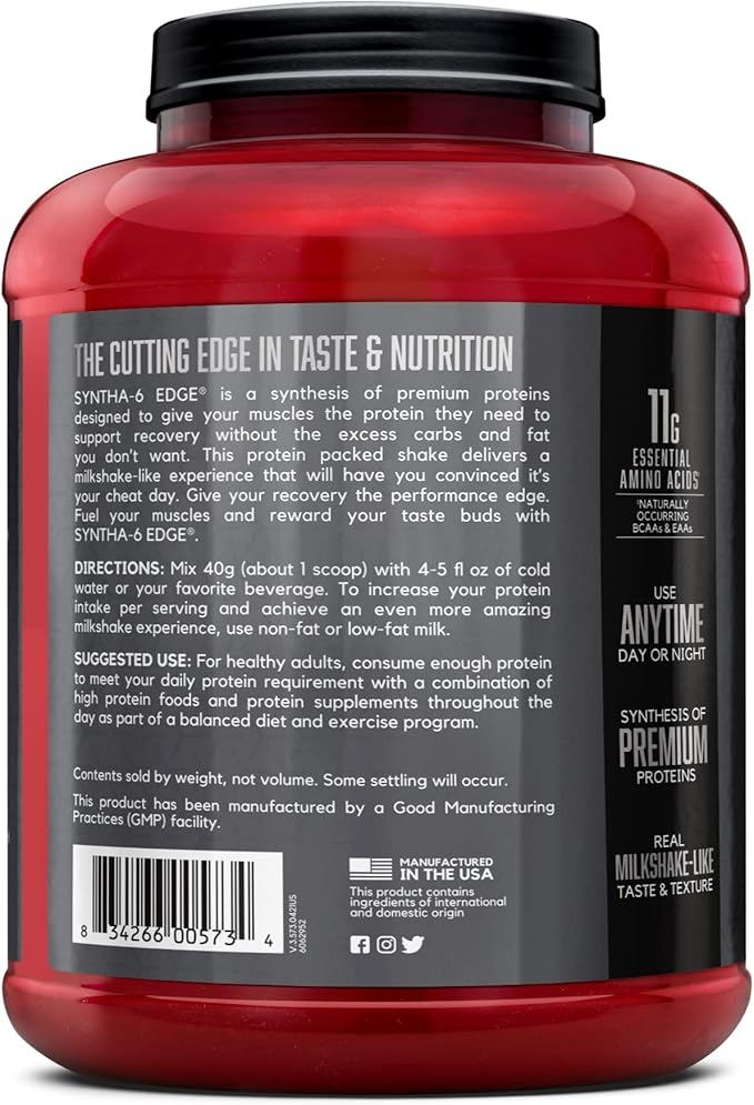 BSN SYNTHA-6 EDGE Protein Powder, Cookies n Cream Flavored Powder with Hydrolyzed Whey, Micellar Casein, for Muscle Gain, Low Sugar, 24g Protein, Cookies & Cream, 48 Servings, 4.23 Pound (Pack of 1)