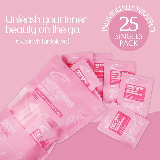 Air Jungles Makeup Remover Wipes Individually Wrapped, 25 Ct Travel Size Facial Cleansing Wipes with Vitamin E, Fragrance-Free, Gentle for All Skin Types, On-the-Go, Easter Gift for Women & Girls