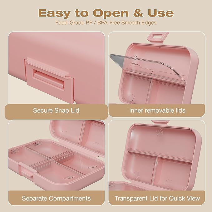 Travel Pill Box, Double Layer 7-Compartments Large Pill Organizer, 4.3" x 3.1" x 1.4" Portable Weekly Pill Case Container for Pocket, 7 Day Compact Medicine Holder for Vitamins, Fish Oils Pink