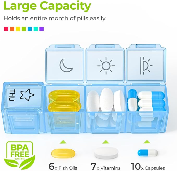AUVON iMedassist Moisture-Proof Weekly Pill Organizer 4 Times a Day, Large 7 Day Pill Box Case with Portable Design for Travel, Removable Individual Containers Hold Vitamins, Supplements, Medications