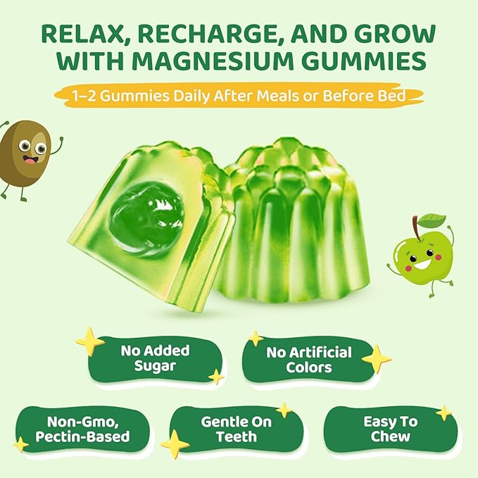 2 Pack Center-Filled Magnesium Glycinate Gummies for Kids - Magnesium Supplement Gummes with L-Theanine, Chamomile & Multivitamins for Sleep, Calm & Focus, Melatonin-Free - Green Apple & Kiwi, 60 CT