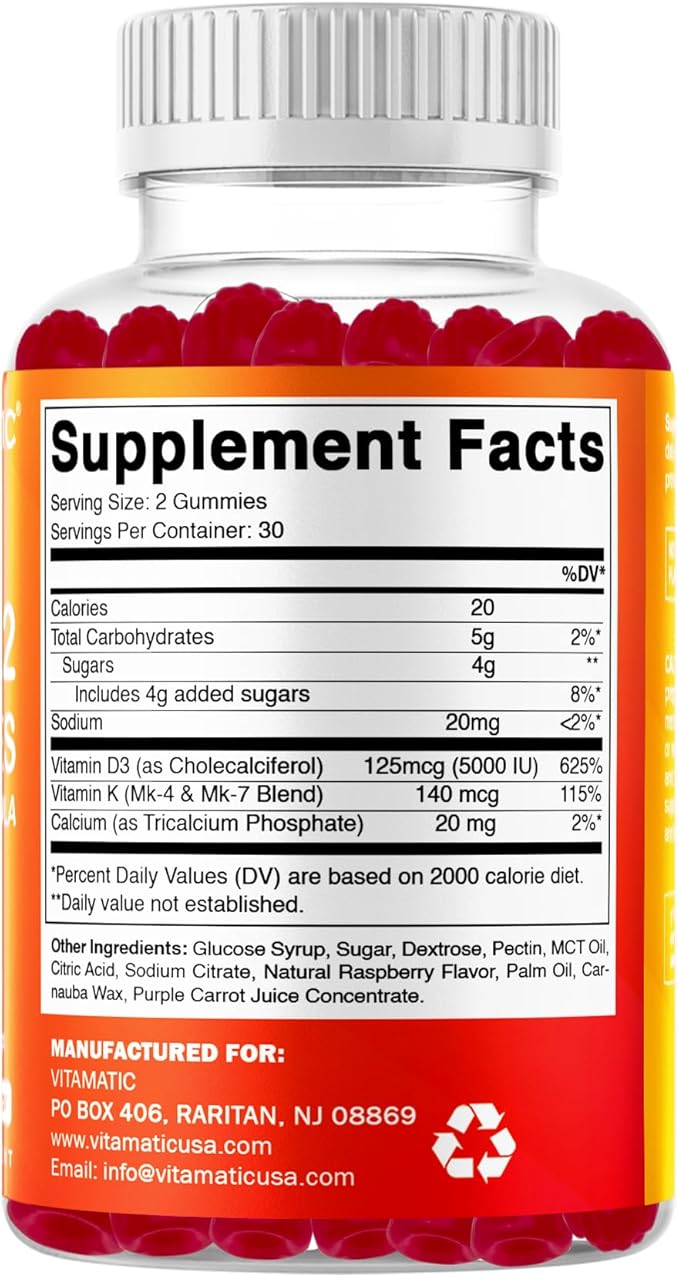Vitamatic Vitamin D3 & K2 Gummies (2-Pack, 60 Count) Supports Healthy Bones, Heart Health, Calcium Absorption, and Immune Function Plant-Based, Non-GMO, Gluten-Free