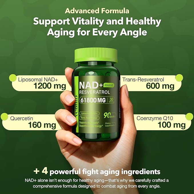 Nad Resveratrol Supplement 61800mg Per Bottle – Liposomal Nad+ Resveratrol for Women & Men – High Purity 1200mg Nad+ Supplement for Energy & Healthy Aging, Resveratrol, Quercetin, CoQ10 – 90 Counts
