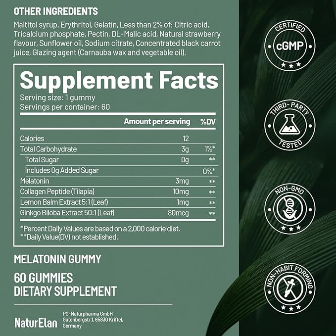 Melatonin Gummies with Ginkgo Biloba Extract, Lemon Balm Extract & Collagen Peptide, 3mg Melatonin, Drug Free Sleep Aid, Strawberry Flavored, 60 Count, Sleep Support Gummies for Restful Sleep