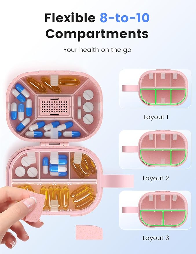 Travel Pill Organizer, Daily Pill Box 8-10 Compartments Adjustable, 7 Day Weekly Label Small Pill Case, Portable Medicine Container Moisture Proof Dry Vitamin Supplement for Pocket Purse-Blue