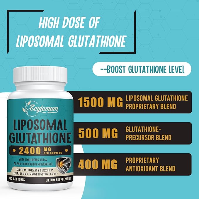 2400 MG Liposomal Glutathione Softgels, Max Absorption, Active Form L-Glutathione Reduced (GSH), with Hyaluronic Acid, Resveratrol, Master Antioxidants for Detox, Brain, Immune System, 240 Softgels