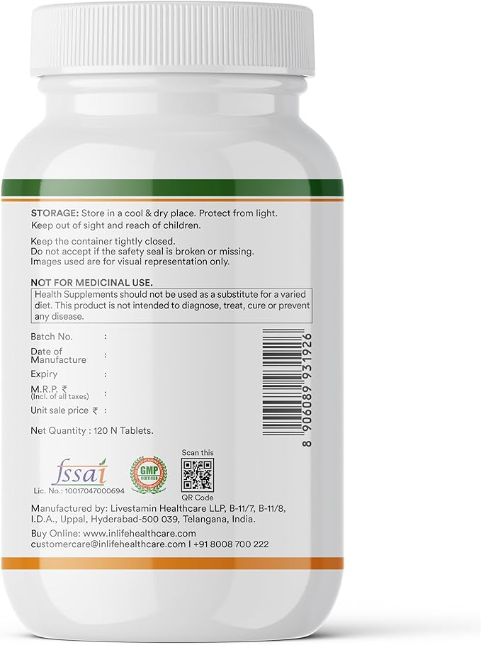 INLIFE Calcium Magnesium Zinc Vitamin D K2 Folic Acid & B12 Vegetarian Tablets, Bone & Joint Support Supplement | Calcium Supplement for Women Men - 120 Tablets (Pack of 1)