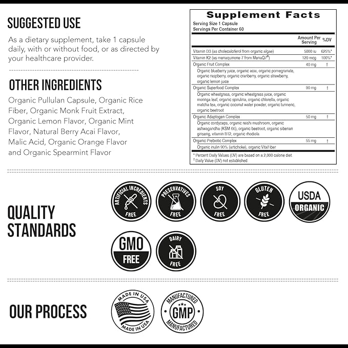 Organic Plant D3 + K2 | 5000 iu D3 + 120 mcg K2 as All-Trans MK7 from MenaQ7® - 100% Whole Food, Raw & Vegan | Enhanced Digestion with Prebiotic & Superfood Complex – D3 from Organic Algae (60 Count)