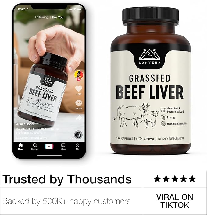 Lonvera Grass Fed Beef Liver Supplement – 3000mg Freeze Dried Desiccated Organs – Nutrient Source for Joints, Bones, Hair, Skin, Nails & Daily Energy – 120 Pasture-Raised Capsules - 60 Day Supply